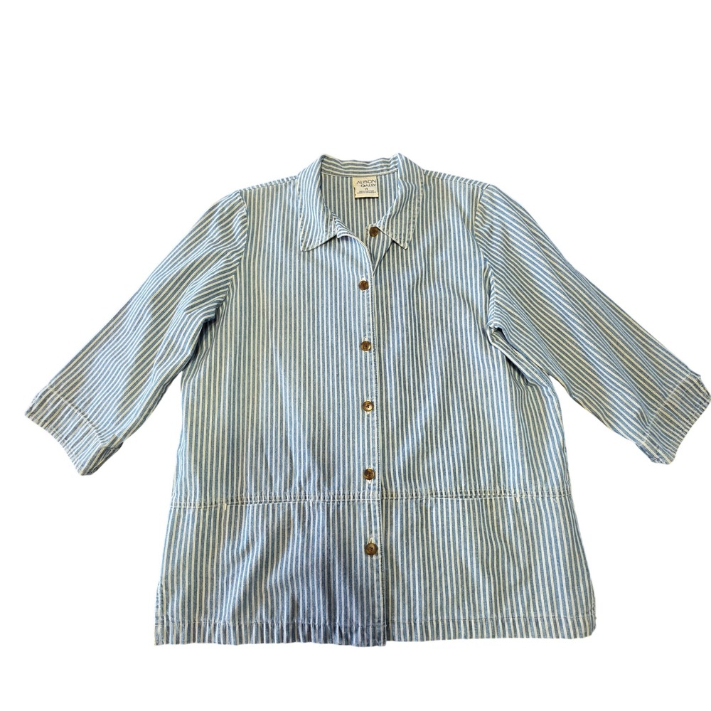 Striped‎ Denim Shirt Jacket 3/4 Sleeve Size 14 Blue White Vintage 90s Boxy Fit